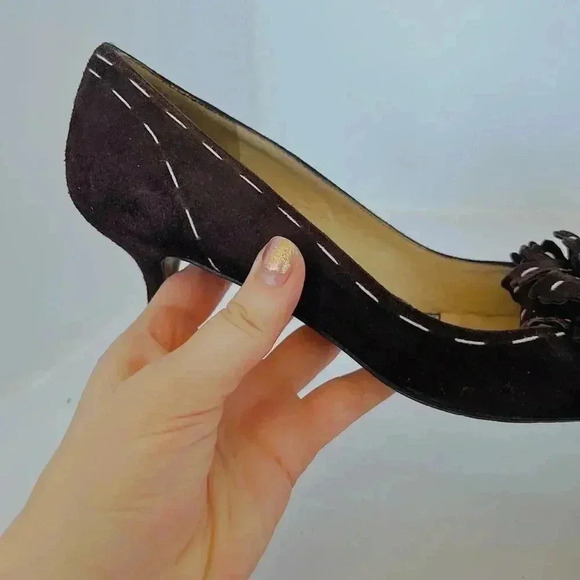 y2k Vintage Ramon Tenza Brown Suede Cream Pointed Toe Heels Flower Size 8.5 - Picture 8 of 15